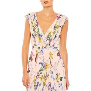 NWT Mac Duggal Pink Floral Pleated Dress Gown V neck Sleeveless #55829 Size 8
